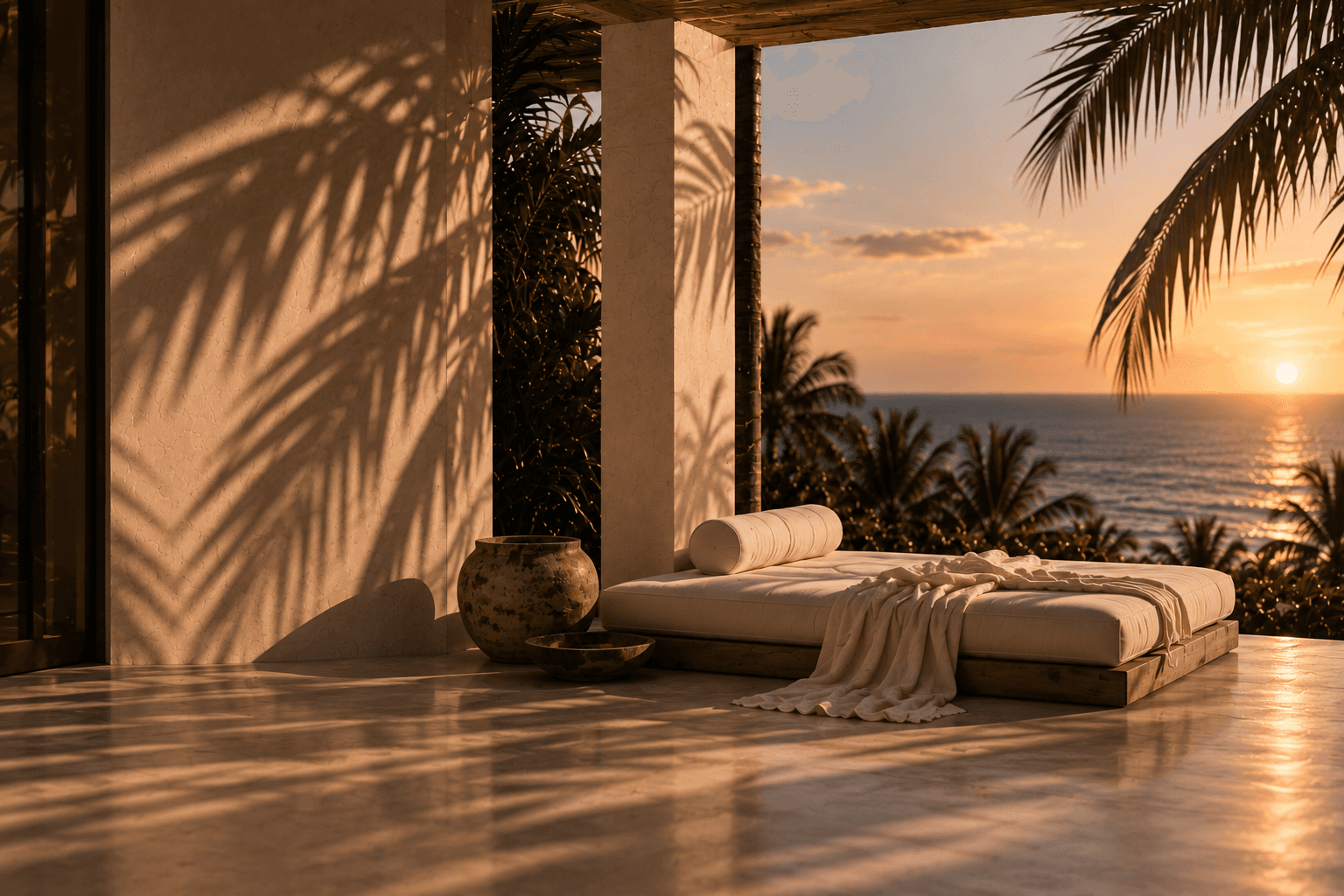 Oceanfront architecture at sunset